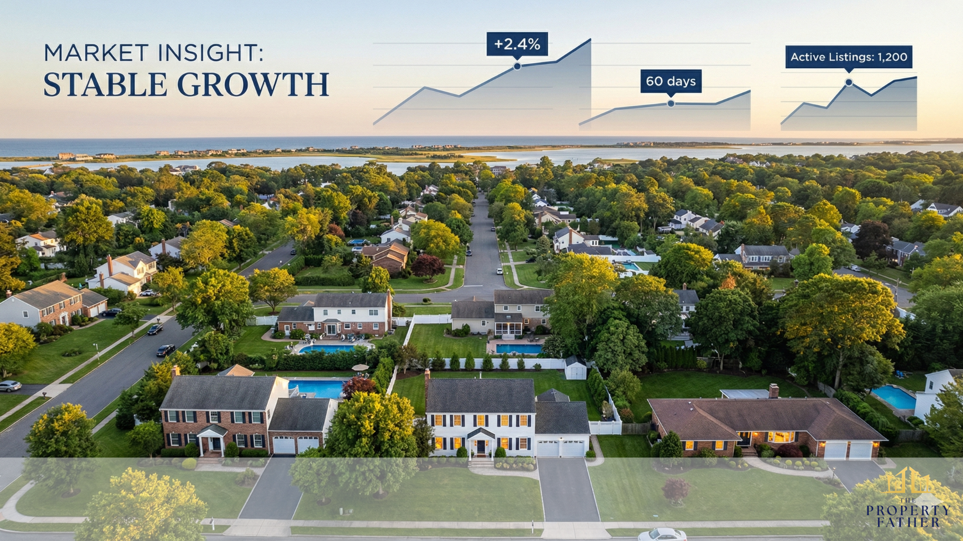 Long Island real estate trends 2026 showing suburban homes and market data visualization
