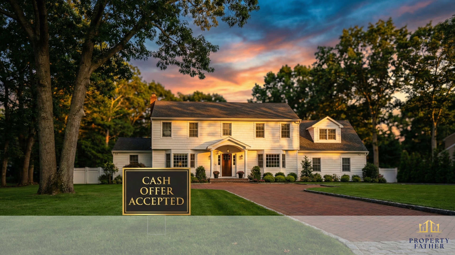 do cash home buyers pay fair price - Long Island colonial home at golden hour with cash offer