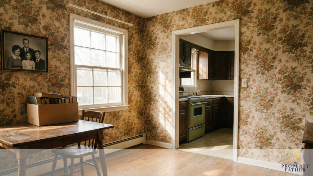 Interior of inherited Long Island home with dated 1970s wallpaper, worn hardwood floors, and vintage finishes needing updates