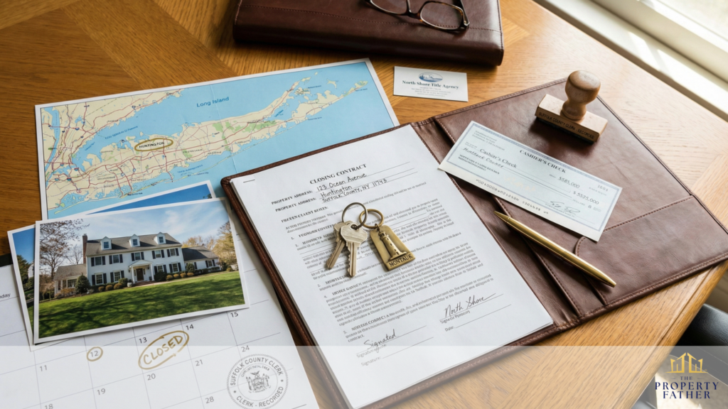 Overhead view of completed Long Island home sale closing table with signed Nassau County deed, keys, and cashier's check