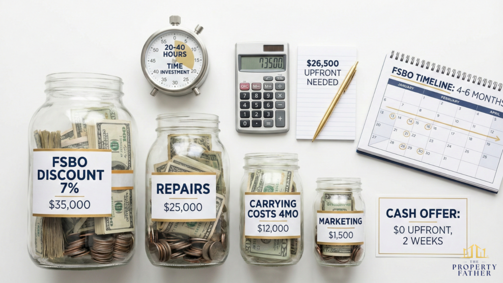 Glass jars displaying FSBO hidden costs including 7% discount, $25K repairs, carrying costs totaling $73K investment