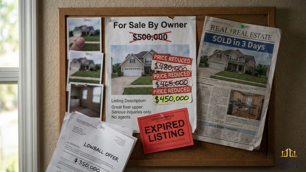 Decision criteria board comparing when to choose FSBO versus cash offer for Long Island homeowners selling property