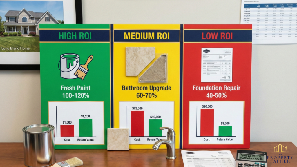 Return on investment chart showing fresh paint 100% ROI, bathroom 60% ROI, and foundation repair 40% ROI percentages