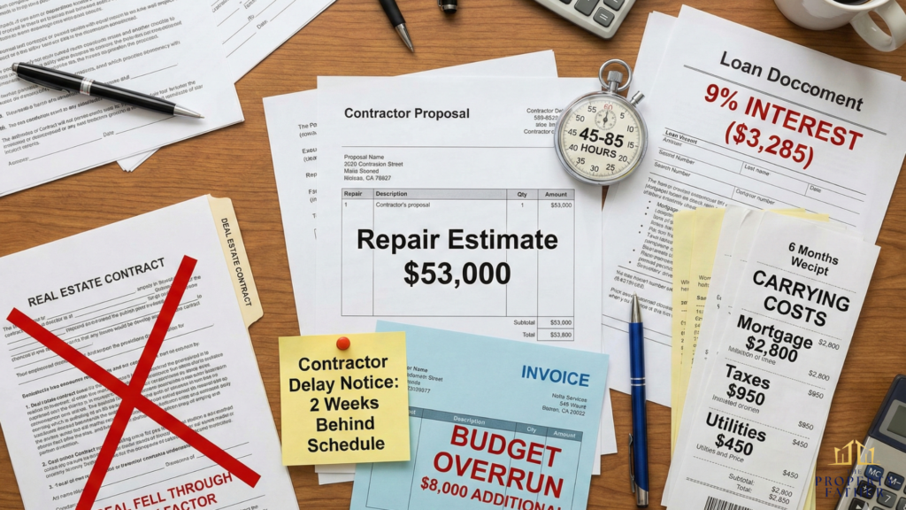 Hidden repair costs visualization showing time investment, loan interest, carrying costs, and deal risk beyond estimate