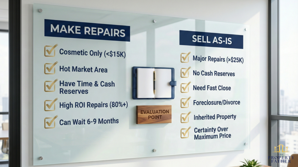 Decision criteria board showing when to make repairs versus when to sell as-is for Long Island home sellers