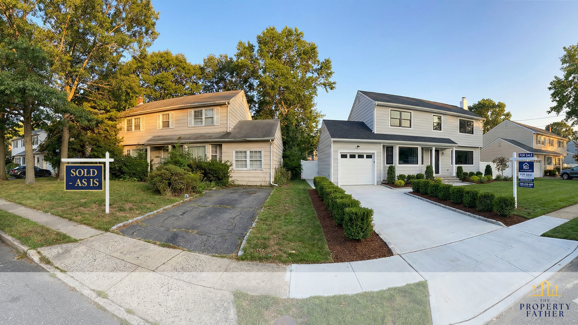 Two Long Island colonial homes side by side showing as-is property sold to investor versus updated home ready for traditional listing market