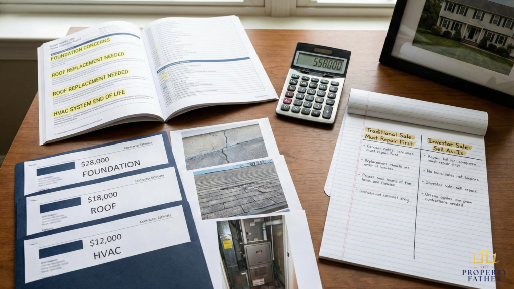 Home inspection report showing foundation roof and HVAC repair estimates totaling $58K for investor sale consideration