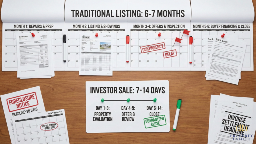 Timeline comparison showing 6-7 month traditional listing process versus 7-14 day investor sale for Long Island property