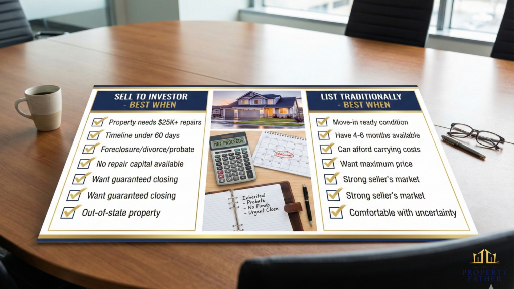 Decision matrix comparing when to sell to investor versus list traditionally based on property condition and timeline