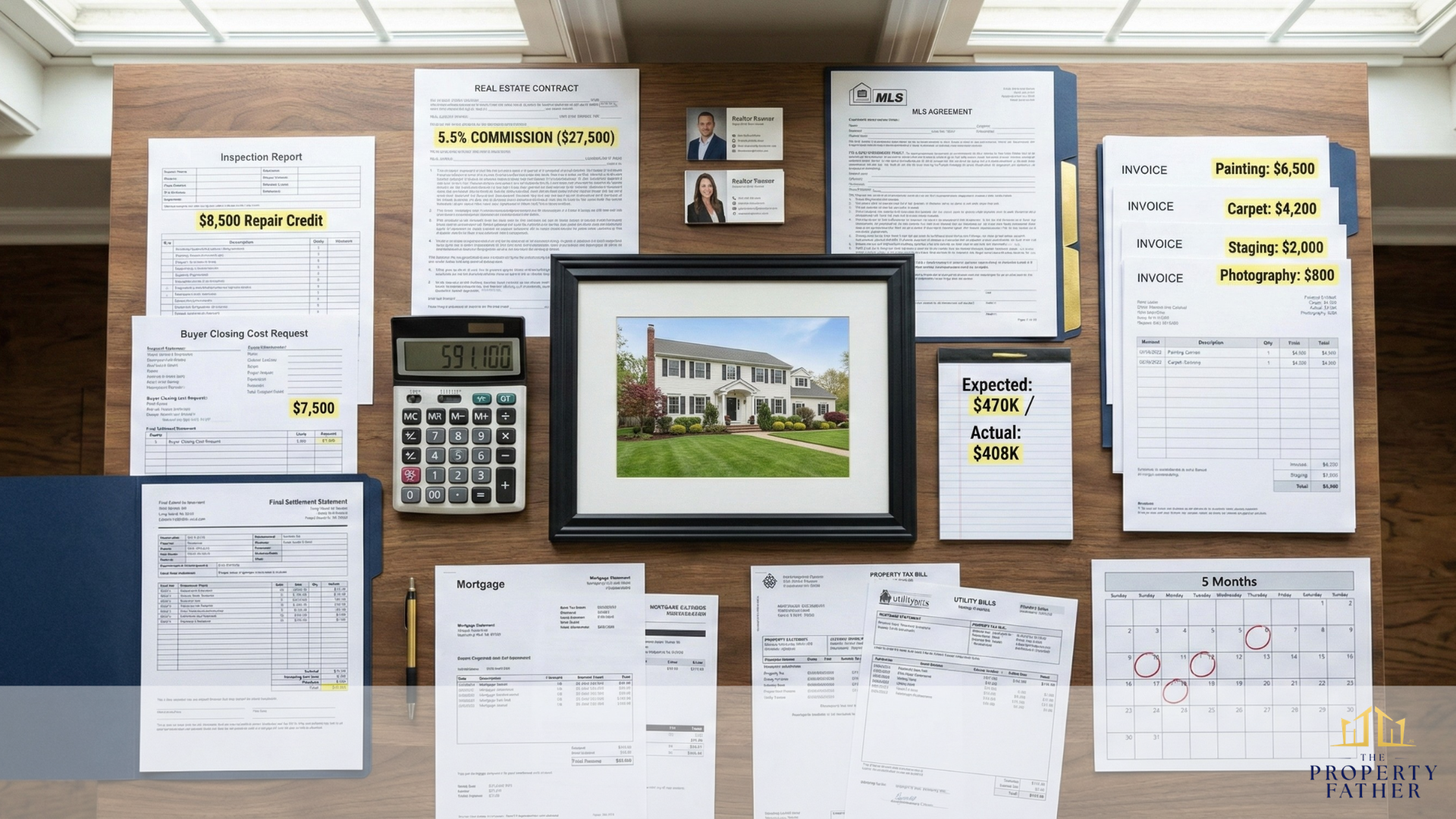 Financial analysis desk showing Long Island home sale true costs with commission documents, repair invoices, carrying cost bills totaling $91K