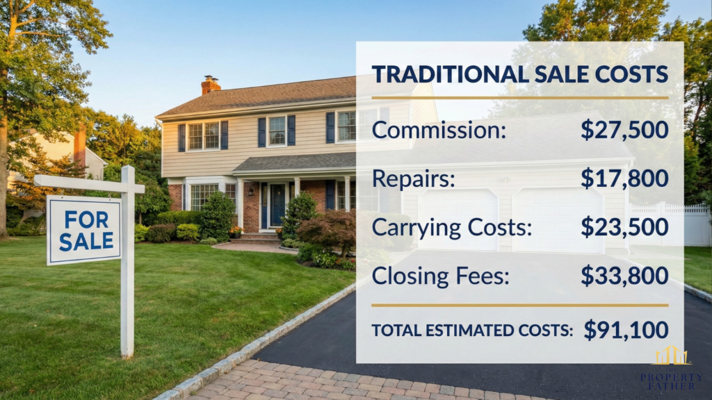 Five stacks of invoices showing accumulation of Long Island home selling costs from preparation through closing totaling $91K