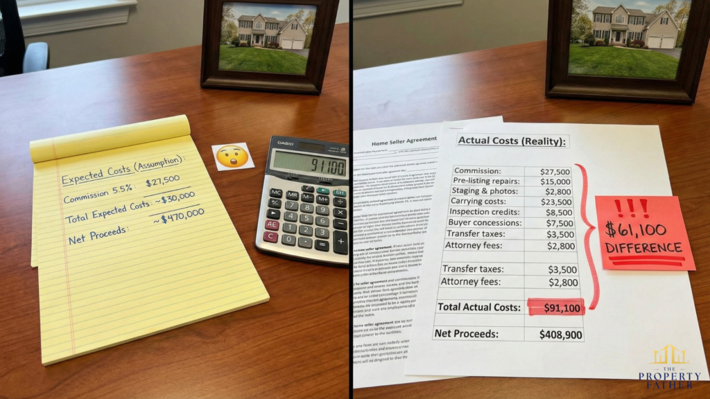 Comparison showing expected $30K selling costs versus actual $91K expenses revealing $61K gap in Long Island realtor sale reality