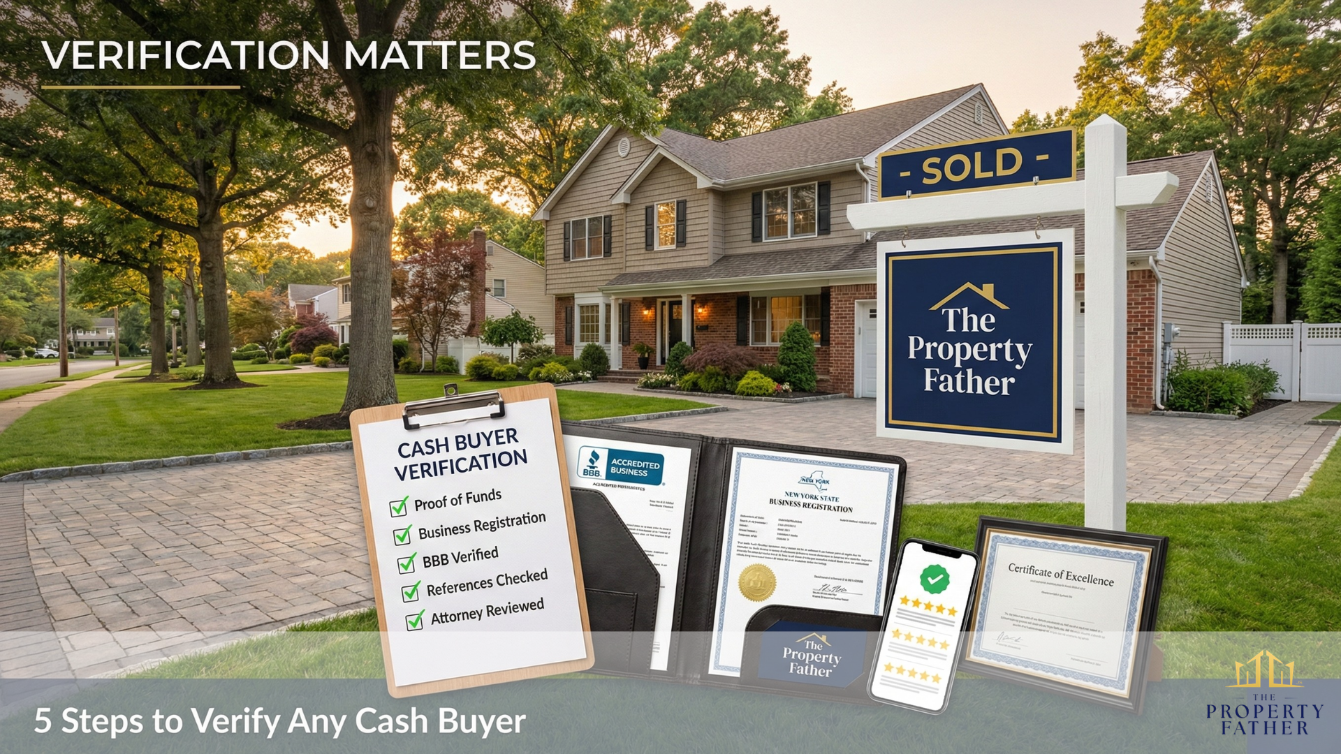 Split comparison showing legitimate Long Island cash buyer with professional sign and documentation versus questionable operator with warning signs