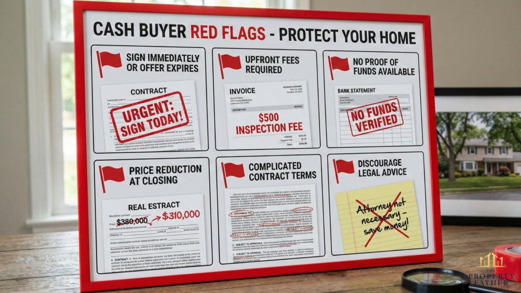 Red flag warning display showing six common cash buyer scam tactics including upfront fees and pressure tactics to avoid