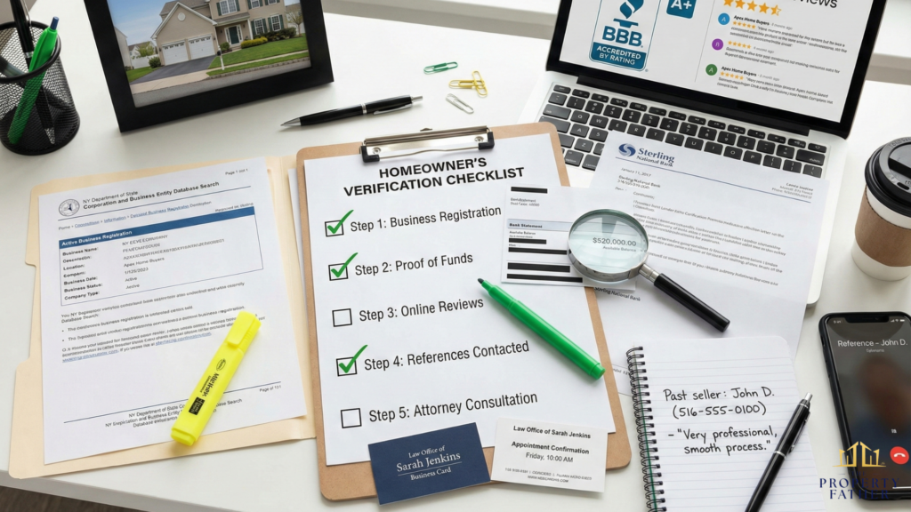 Five-step cash buyer verification checklist with business registration, proof of funds, reviews, references, and attorney consultation
