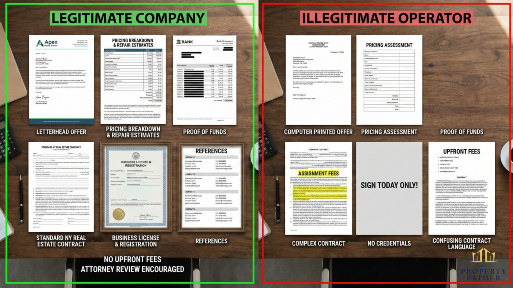 Side-by-side comparison of legitimate cash buyer professional documents versus illegitimate operator materials showing contract differences