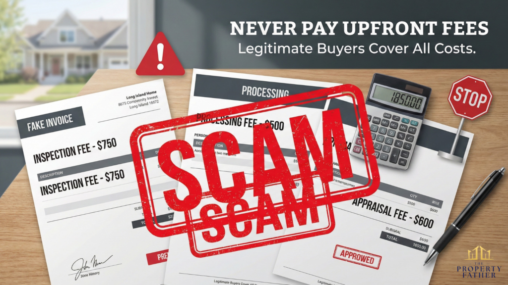 Documents showing predatory upfront fees and inspection charges marked as scams that Long Island homeowners should avoid when selling to cash buyers