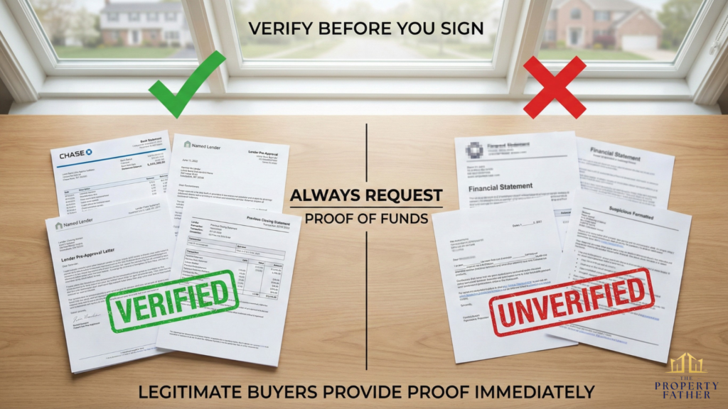 Comparison of legitimate verified proof of funds documents versus red flag warning signs that Long Island sellers should recognize to avoid cash home buyer scams
