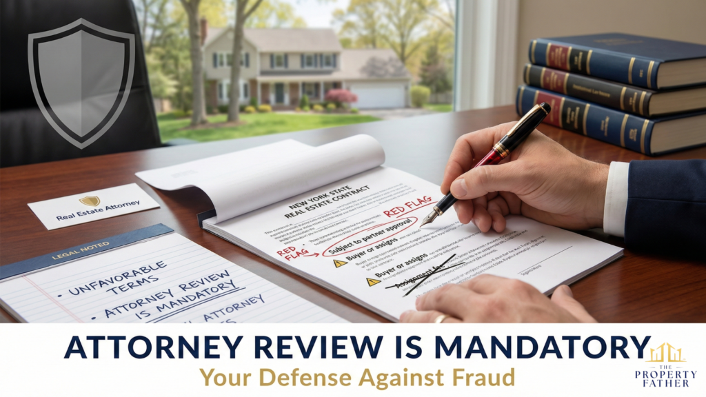 Attorney reviewing and marking problematic contract terms and red flags that indicate cash home buyer scams Long Island homeowners should avoid