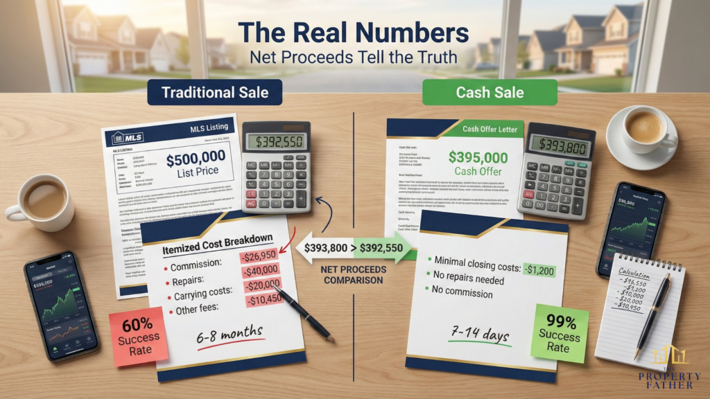 Calculator comparison showing net proceeds from traditional sale versus cash buyer offer proving fair prices when all costs included for Long Island homes