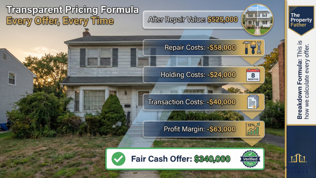 Transparent breakdown showing fair cash buyer pricing formula with real Long Island home demonstrating how investors calculate offers fairly