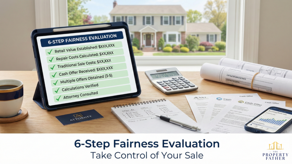Evaluation checklist showing six steps to verify if cash buyers pay fair prices with multiple offers and calculations for Long Island property