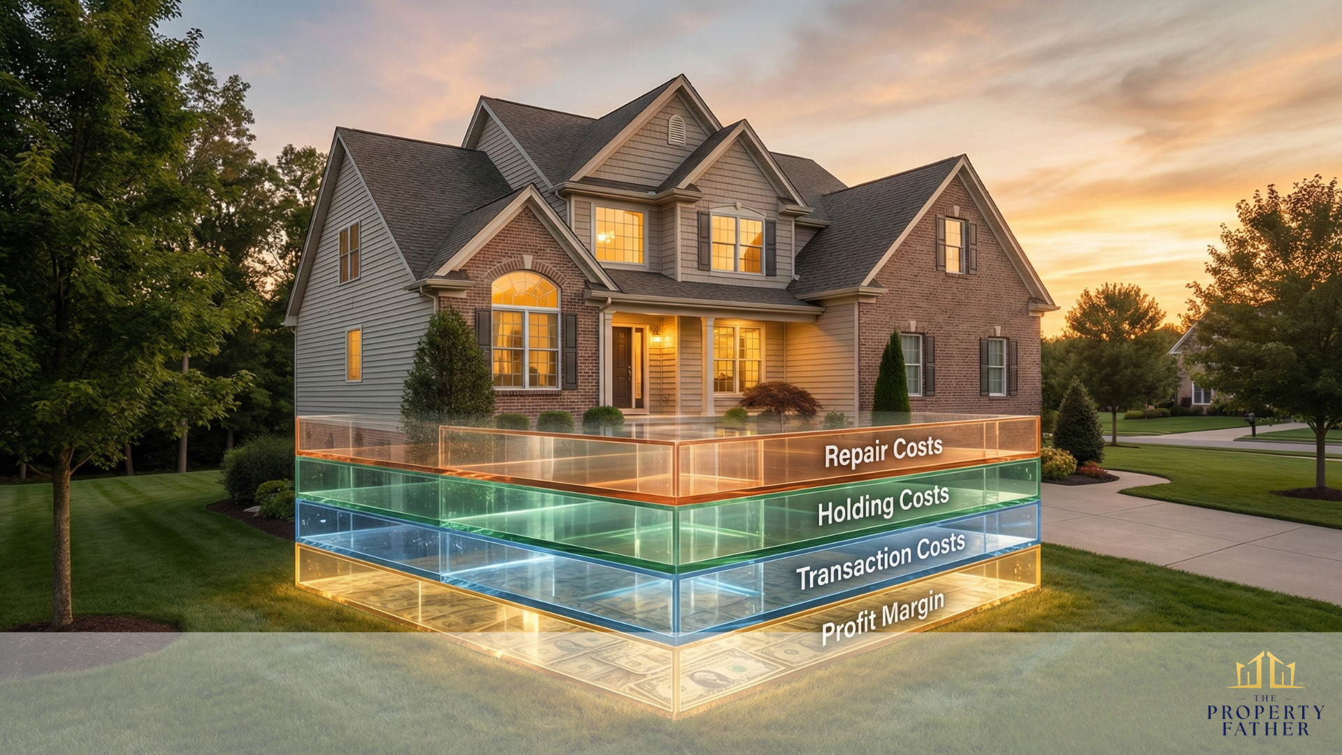 Artistic Long Island home with transparent foundation showing why cash offers are lower built on layers of repair holding transaction costs and profit