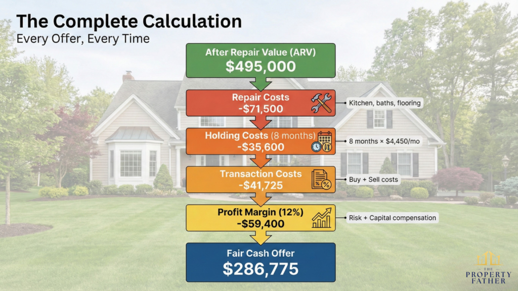 Waterfall diagram showing step by step why cash offers are lower from ARV through repair holding transaction costs to final offer for Long Island homes