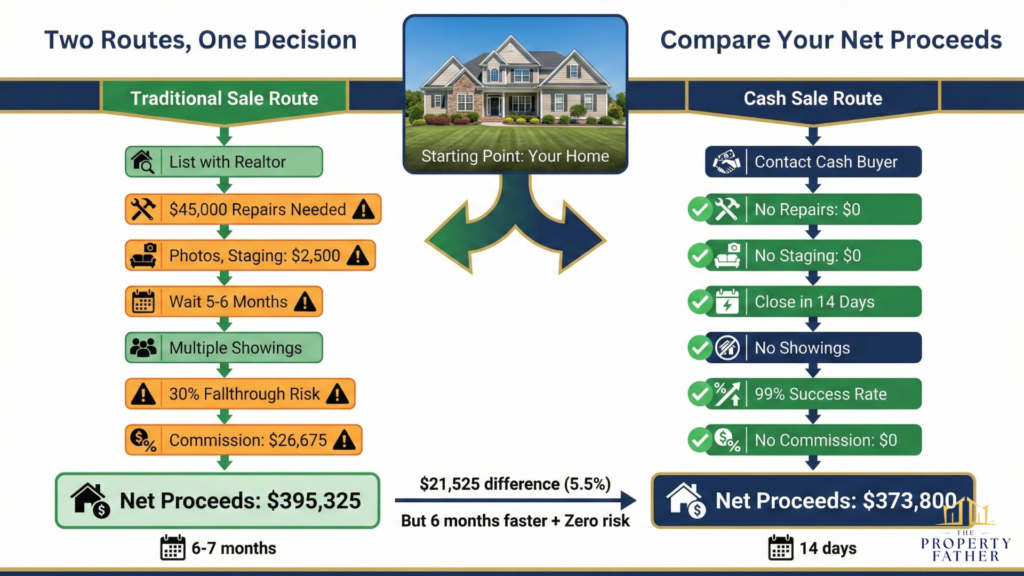 Side by side comparison showing why cash offers are lower but net proceeds similar when comparing traditional sale costs and timeline versus cash buyer route