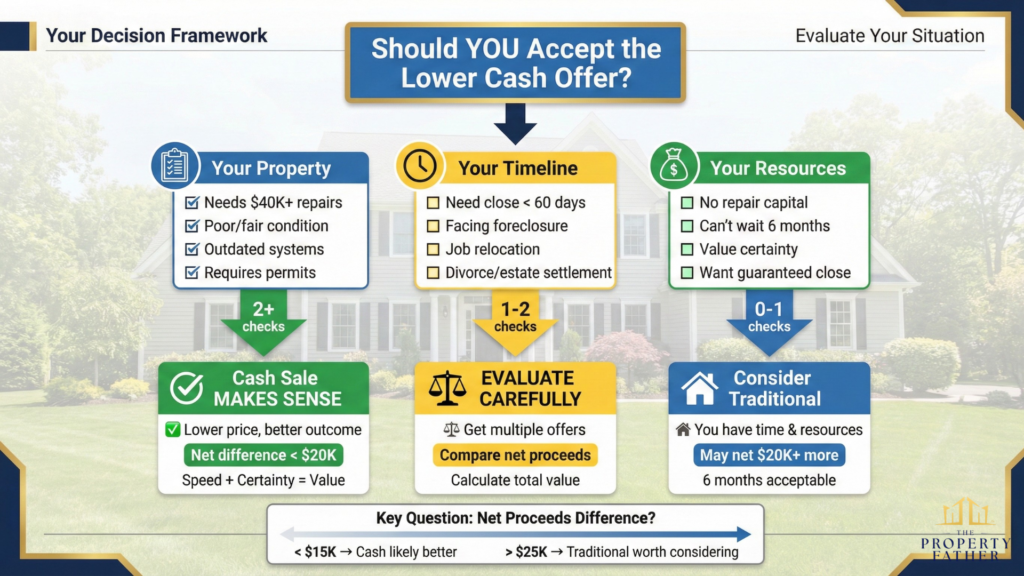 Decision flowchart helping Long Island homeowners evaluate whether accepting lower cash offers makes sense based on property condition timeline and resources