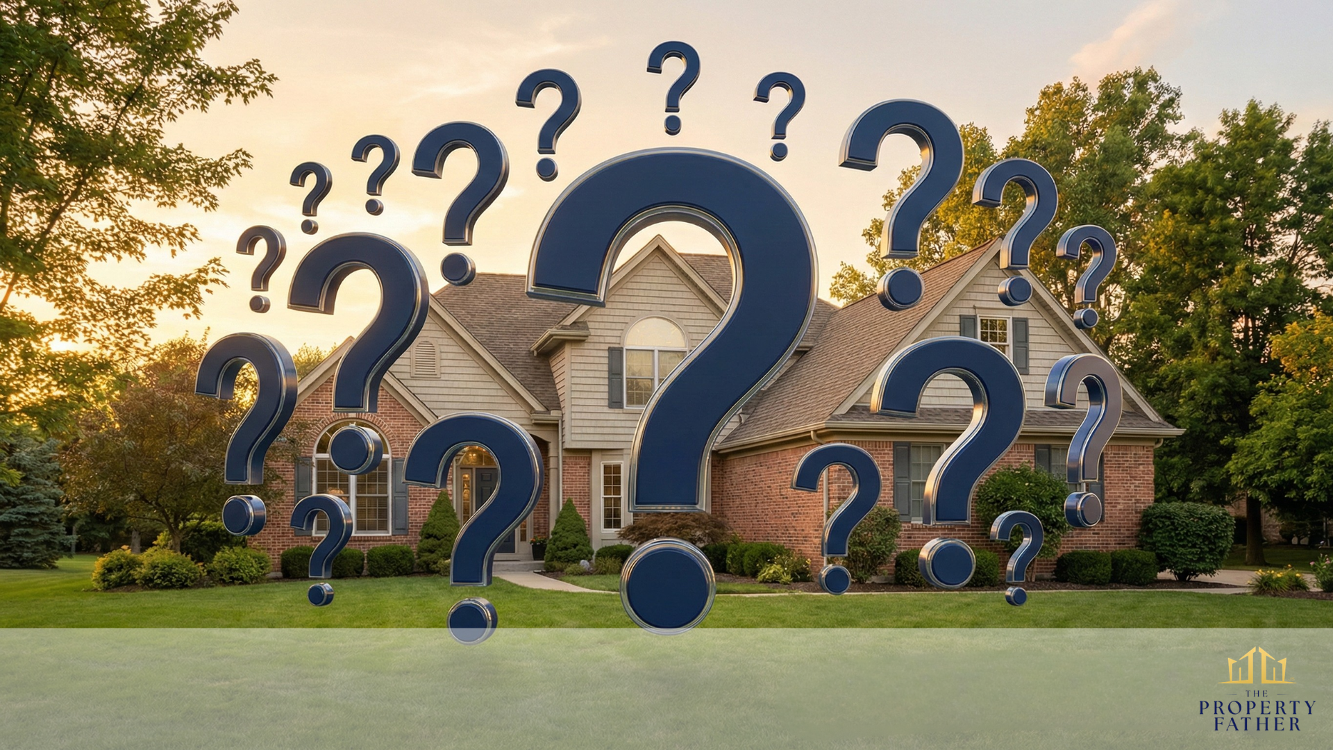 Long Island home surrounded by floating question marks symbolizing questions to ask cash buyer for protection and due diligence before signing