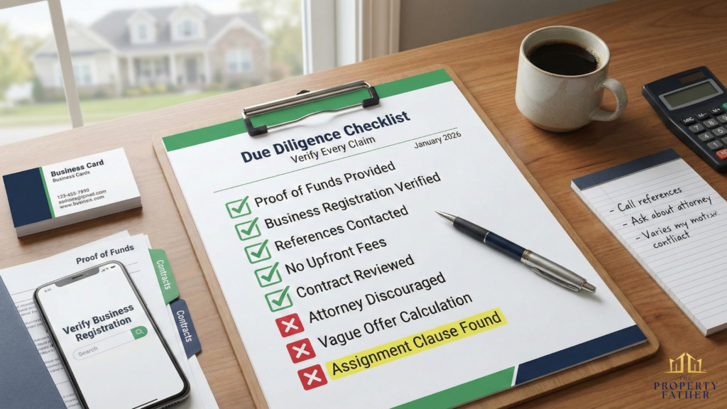 Professional verification checklist showing questions to ask cash buyer with green checkmarks for verified items and red X marks for warning signs