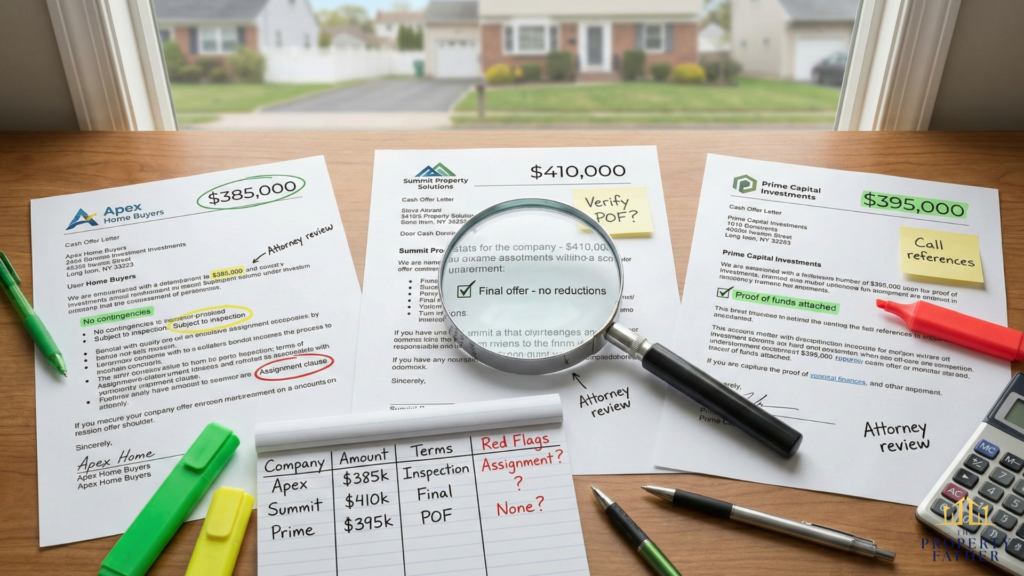Multiple cash offer letters under magnifying glass examination showing questions to ask cash buyer when comparing offers and terms for Long Island home
