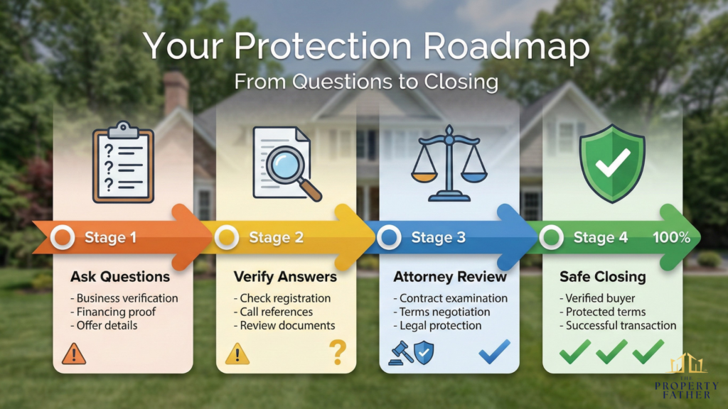 Process roadmap showing stages from asking questions to verifying cash buyer through attorney review to safe closing for Long Island home sale