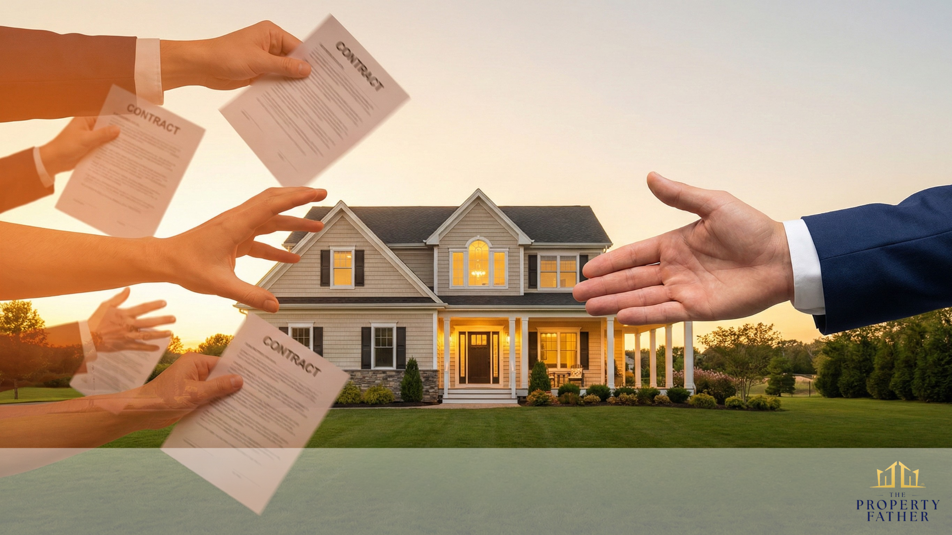 Split view showing same Long Island home with transparent middleman complexity on left versus clear direct cash buyer transaction on right illustrating difference
