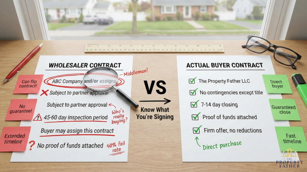 Side by side contract comparison showing wholesaler assignment clauses and red flags versus clean direct cash buyer contract for Long Island home sale