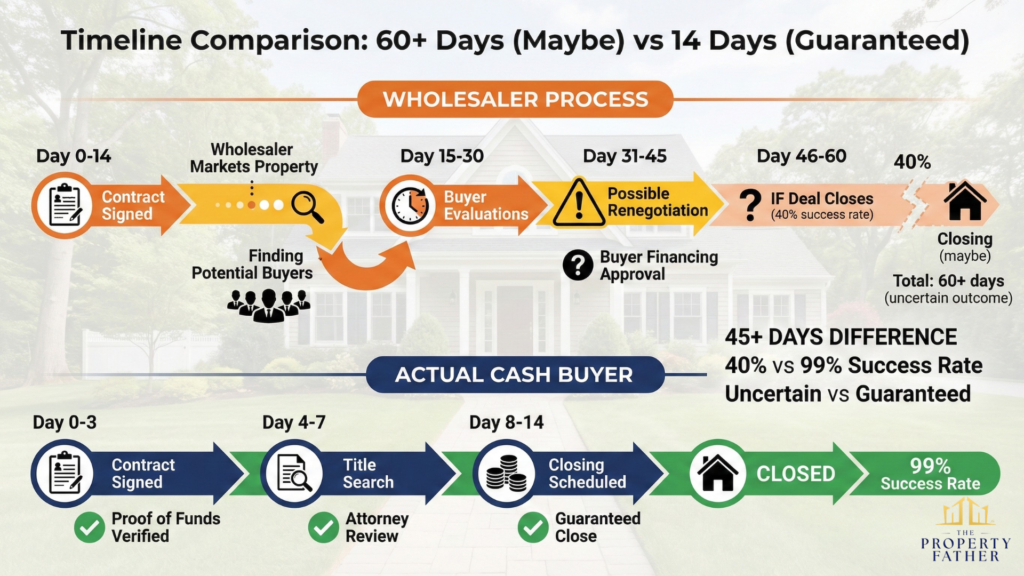 Timeline infographic comparing wholesaler 60 day uncertain process versus direct cash buyer 14 day guaranteed closing showing difference for Long Island home sales