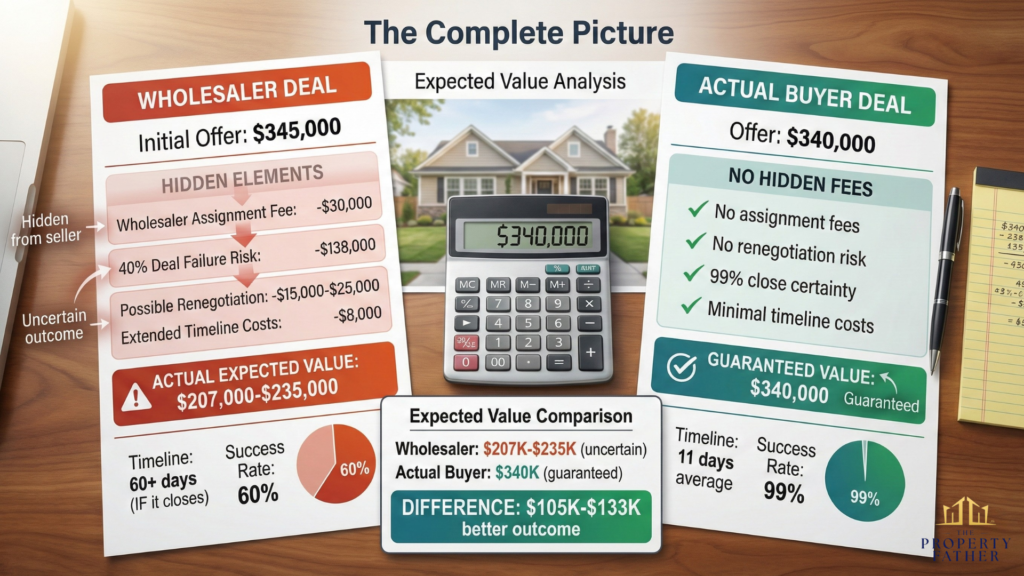 Financial breakdown showing wholesaler assignment fees and deal failure risk versus transparent direct cash buyer guaranteed offer for Long Island home
